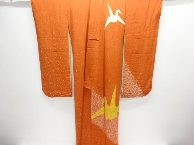  大正ロマン　錦紗折鶴模様三つ紋舞妓衣装引きずり(比翼付き)